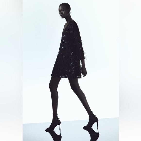 NWT Zara Black FRINGED SEQUIN MINI DRESS Size Small S - Picture 9 of 15
